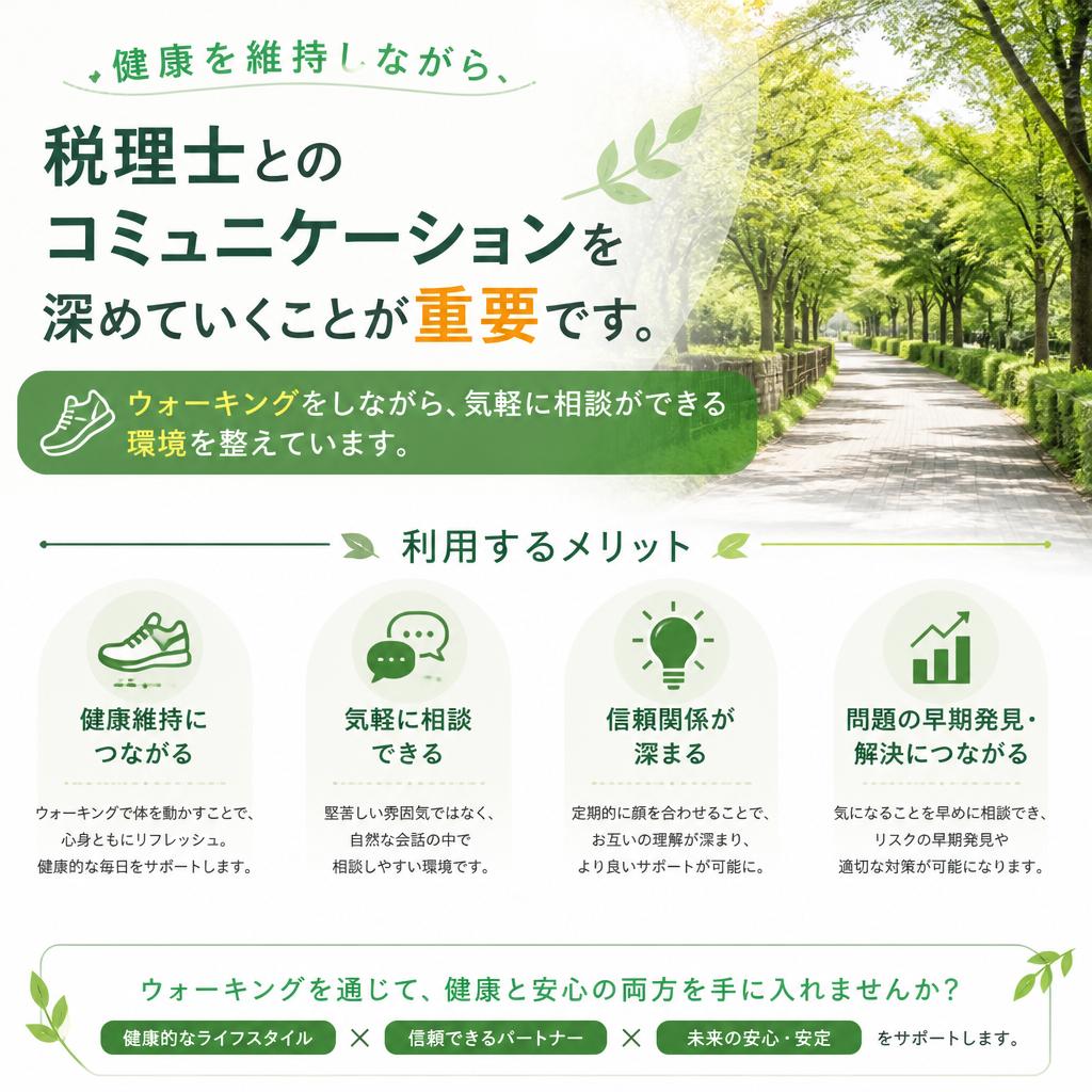 ウォーキングで心も体もリフレッシュ—税理士とのコミュニケーション